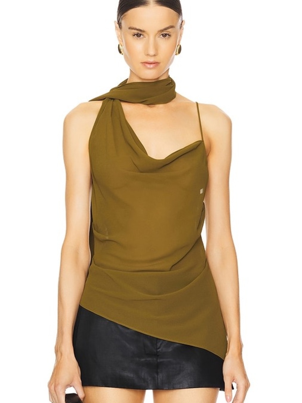 h:ours Olive Draped Cowl Neck Camisole with Scarf Detail